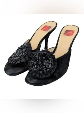 Oscar de la Renta Vintage O-Anais Black Beaded Suede Mule Heels 7.5